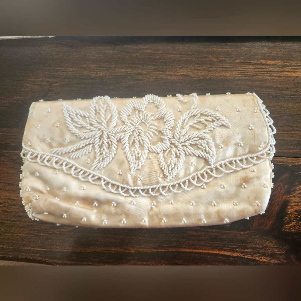 Vintage Schildkraut Japan Hand Beaded, Satin, Wedding Fold Clutch